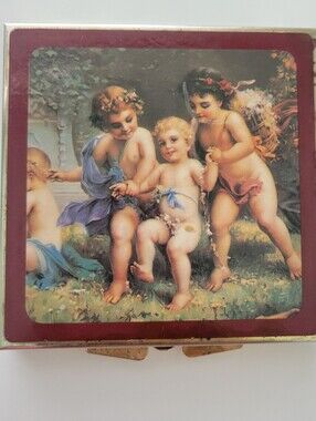 Vintage Cherubs Angels Gold Tone Pill Box Case Organizer Mirror Compact